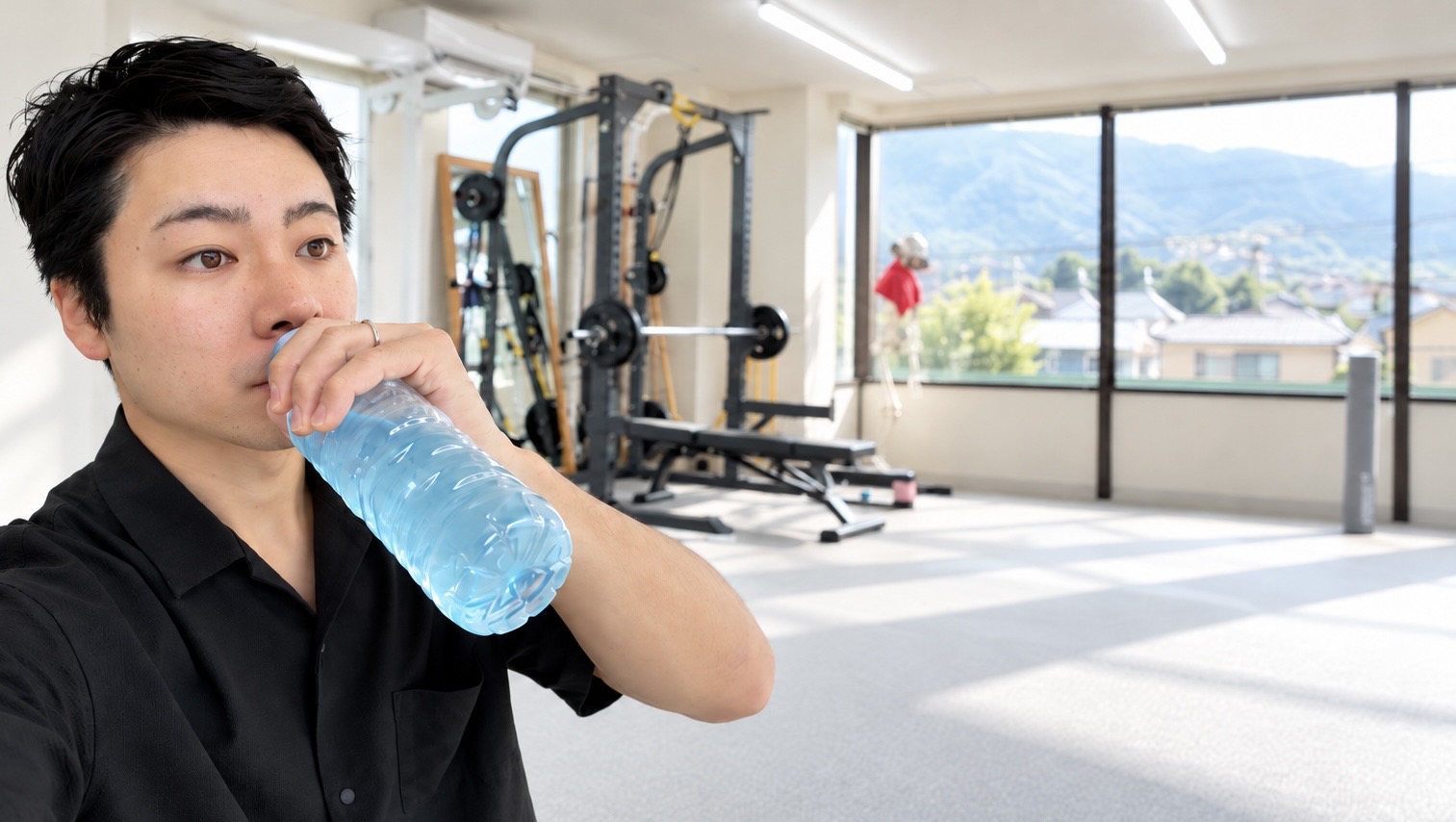 ジムでスポーツドリンクを飲み水分補給をする様子